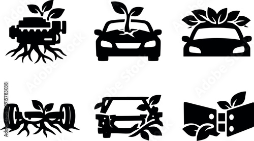 Solid vector icons of nature-claimed car systems: rooted engine chamber, sapling rise, leaf cluster crown; axle mount, frame