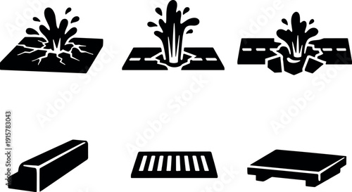 Solid vector icons of water-burst urban streets: cracked asphalt plate, emerging water stream, broken road gap; curb edge,