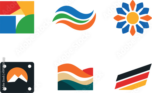 Solid vector icons of aesthetically stimulating art forms: balanced color planes, curved harmony lines, radiant motif core;