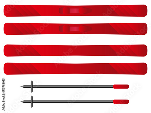 競技でもある冬の雪の上のスポーツでも使う斜め線の模様の柄のついたスキーの板とストックを赤と黒と灰の色グラデーションを付けてデザインしたイラストのグラフィックの素材