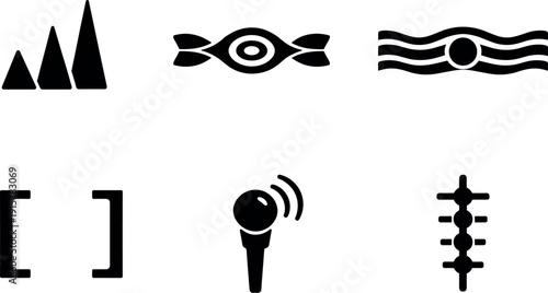 Solid vector icons of universal harmonic signatures: frequency-aligned triad, resonance symmetry belt, tonal clarity band;