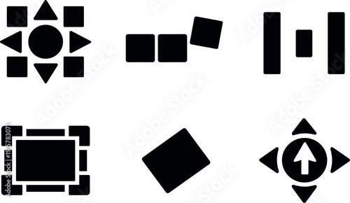 Solid vector icons of controlled imbalance cues: symmetric core unit, accent displacement, visual rhythm break; mounting frame,