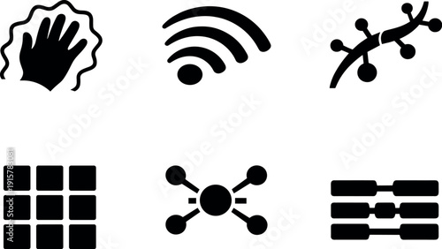 Solid vector icons of phantom tactile disturbances: ghost-hand boundary, itch-wave emission, displaced nerve path; grid panel,
