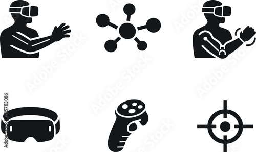 Solid vector icons of VR-extended limb control: virtual arm projection, motion-tracking node, phantom-limb interface; headset