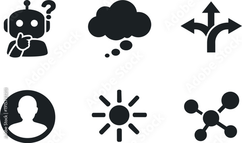 Solid style icons of chatbot existential awakening: questioning chatbot, thought cloud, branching logic paths, identity symbol,