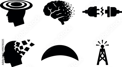 Solid style icons of impending loss of consciousness: shrinking awareness halo, fading neural-light map, disconnect icon,