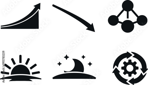 Hormonal Cycle Icons. Solid style icons of hormone-driven time cues: cortisol rise curve, melatonin drop line, endocrine cycle