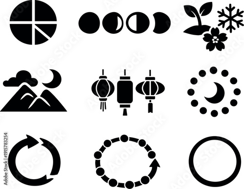 Solid style icons of traditional lunar-month divisions: cycle partitions, season-linked markers, cultural symbols (abstract),