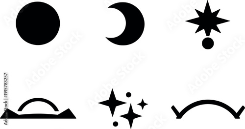 Solid style icons of astronomical cues in Maya calendars: solar disc, lunar crescent, Venus cycle marker, horizon alignment line,