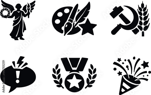 Festival Day Icons. Solid style icons of festival days (Sans-culottides): virtue emblem, talent emblem, labor emblem, opinion