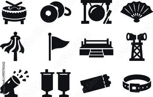 Solid vector icons of lunar new year celebration: parade drum, cymbal, gong, fan, ribbon pole, flag, stage platform, spotlight