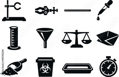 Solid vector icons of chemical experiment setup: clamp stand, clamp holder, glass rod, dropper, measuring cylinder, funnel,
