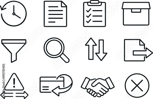 Line style vector icons of transaction history icons: history, record, log, archive; filter, search, sort, export; dispute,