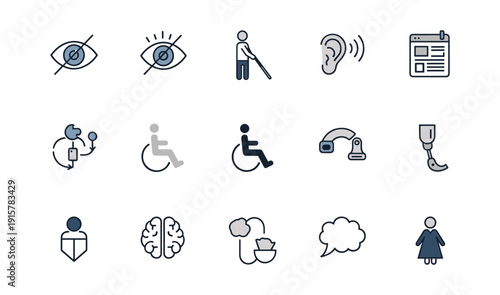 Collection of Icons Representing Disabilities and Assistive Technologies disability vision impairment