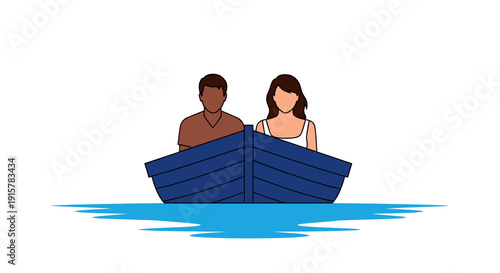 Interracial couple sitting in blue boat on calm water for romance and relationship concept