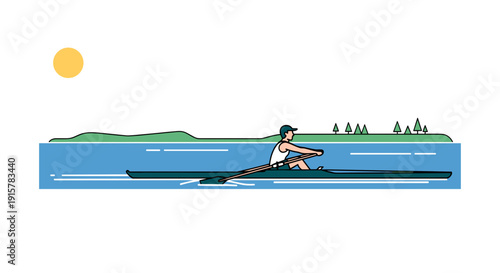 Man rowing single scull on calm lake at sunrise flat illustration for sport and fitness concept