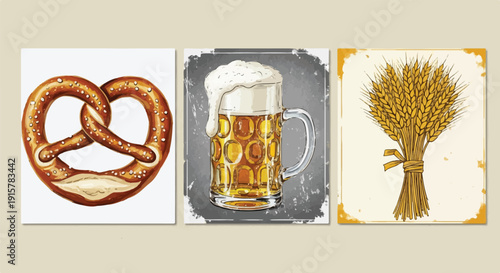 Bavarian Oktoberfest Collage Set with Salted Soft Pretzel Foamy Beer Mug and Golden Wheat Bundle, Traditional German Festival Art