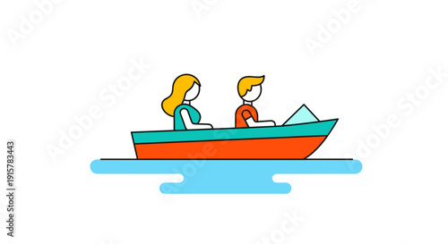 Family with child riding red and green motorboat on water for summer vacation concept