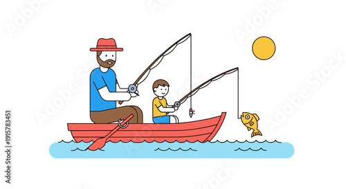 Father and son fishing from red boat on sunny lake for family weekend and outdoor recreation concept