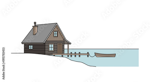 Wooden lakeside cabin with pier and boat on calm water for vacation retreat and countryside living concept