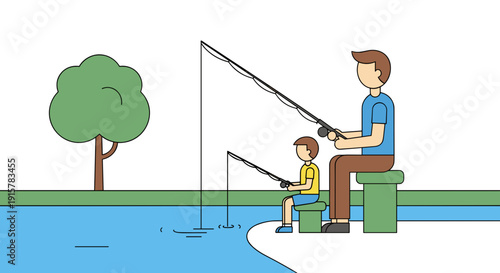 Father and son fishing on riverbank at blue lake for family bonding and outdoor hobby concept