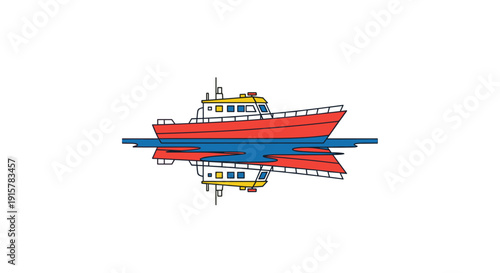 Red passenger ship with reflection on calm blue water flat illustration for maritime transport and travel concept
