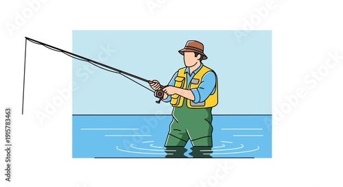 Man fly fishing in lake wearing waders flat illustration for hobby and outdoor sport concept