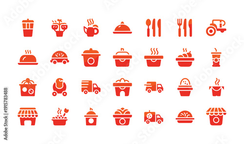 Collection of Orange and Red Food and Drink Icons on White Background food icon restaurant icon