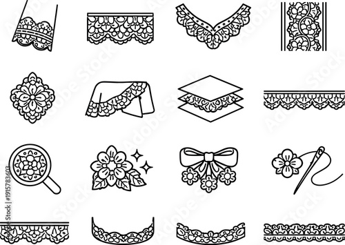 Line style icons of lace garment detail: sleeve, hem, neckline, panel; insert, overlay, layer, border; refine, enhance, adorn,