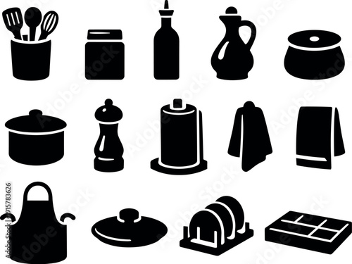 Solid vector icons of kitchen accessories: utensil holder, spice jar, oil bottle, vinegar bottle, salt cellar, pepper mill, paper