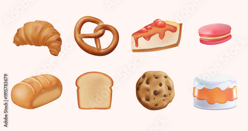 Bakery food 3D realistic set. Bread loaf, baguette, French croissant, brioche bun, roll, bagel with seeds, pretzel, palmier pastry and toast. Baked goods. 3D vector illustration isolated on white