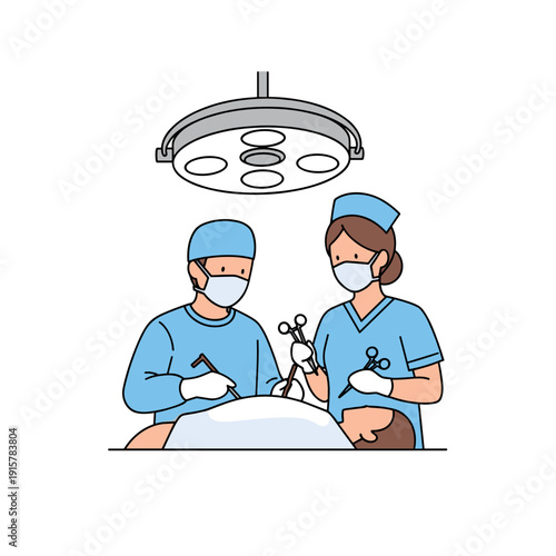 Surgeons performing operation under surgical lamp flat illustration for hospital and medical procedure concept