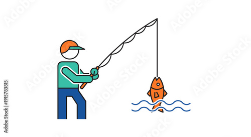 Man fishing with rod catching orange fish flat icon illustration for hobby and recreational angling design