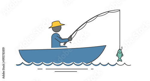 Man fishing from blue boat catching green fish flat illustration for recreational angling concept