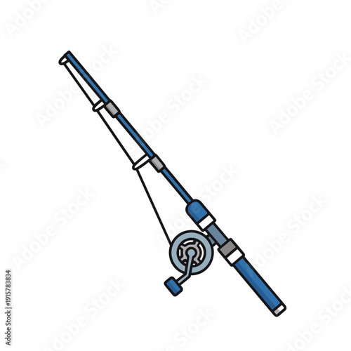 Blue fishing rod with reel isolated on white background for angling equipment design
