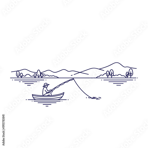 Minimal line art fisherman in boat on calm lake for peaceful outdoor hobby concept