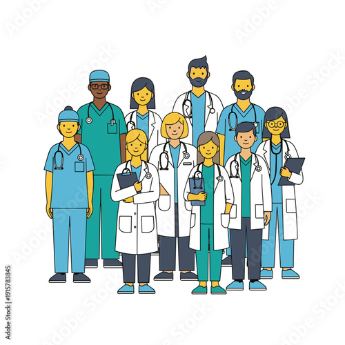 Diverse medical team of doctors and nurses standing together for healthcare unity concept