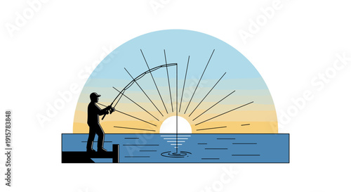 Silhouette fisherman at sunrise over sea horizon for peaceful solitude and outdoor lifestyle concept
