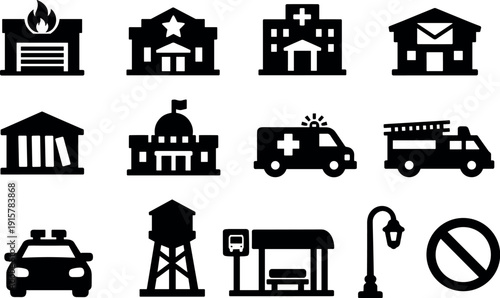 Solid vector icons of public services: fire station, police station, hospital, post office, library, city hall, ambulance, fire