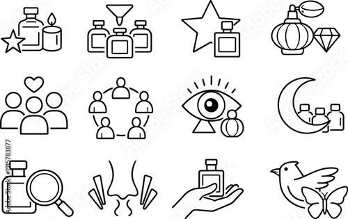 Line style icons of independent perfume scene: indie, smallbatch, limited, rare; community, circle, cult, following; discovery,