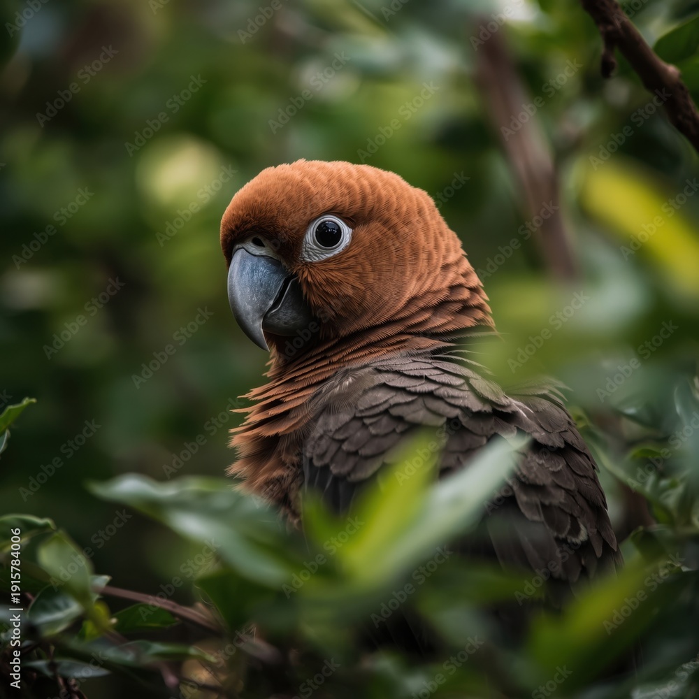 Fototapeta premium Closeup of brown parrot with gray beak surrounded by green leaves bird