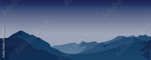 Minimal blue mountain landscape at twilight with layered hills and smooth gradient sky, calm serene nature scene, modern flat vector illustration background.