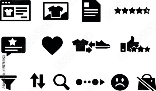Solid vector icons of online shopping experience: product page, product image, product description, rating, review, wishlist,