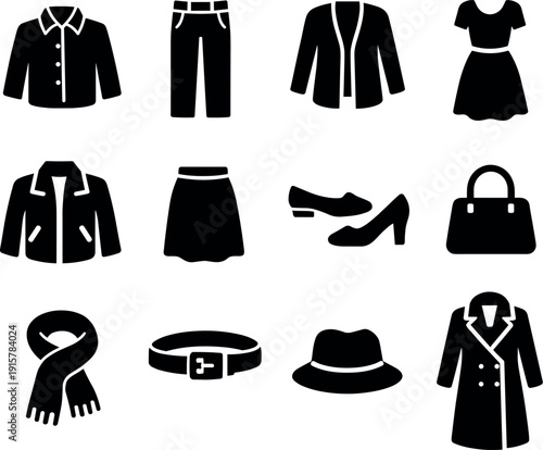 Solid vector icons of capsule wardrobe: shirt, trousers, cardigan, dress, jacket, skirt, shoes, bag, scarf, belt, hat, coat, No