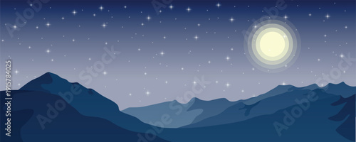 Mountain valley at night with bright full moon and starry sky, layered blue hills and serene horizon, calm nature flat vector illustration background.
