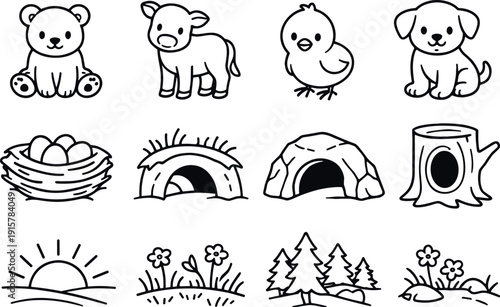 Line style icons of tender wildlife mood: cub, calf, chick, pup; nest, burrow, den, hollow; dawn, meadow, forest, glade Strict