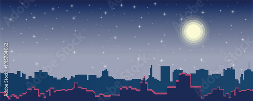 Night city skyline silhouette with bright full moon, starry sky and subtle neon glow outlines, calm urban atmosphere, modern flat vector illustration.