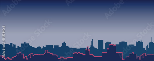 Minimal city skyline silhouette at twilight with soft blue gradient sky and subtle neon glow accents, modern urban flat vector illustration background.