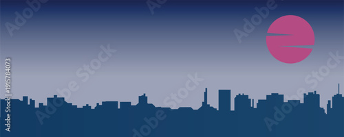 City skyline silhouette at dusk with red setting sun and smooth blue gradient sky, calm urban evening atmosphere, modern flat vector illustration.