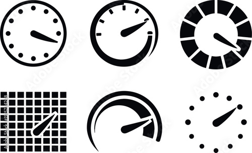 Solid style icons of decimal clocks: decimal clock face, single-hand sweep, 10-sector ring, 100-subdivision grid, smooth rotation